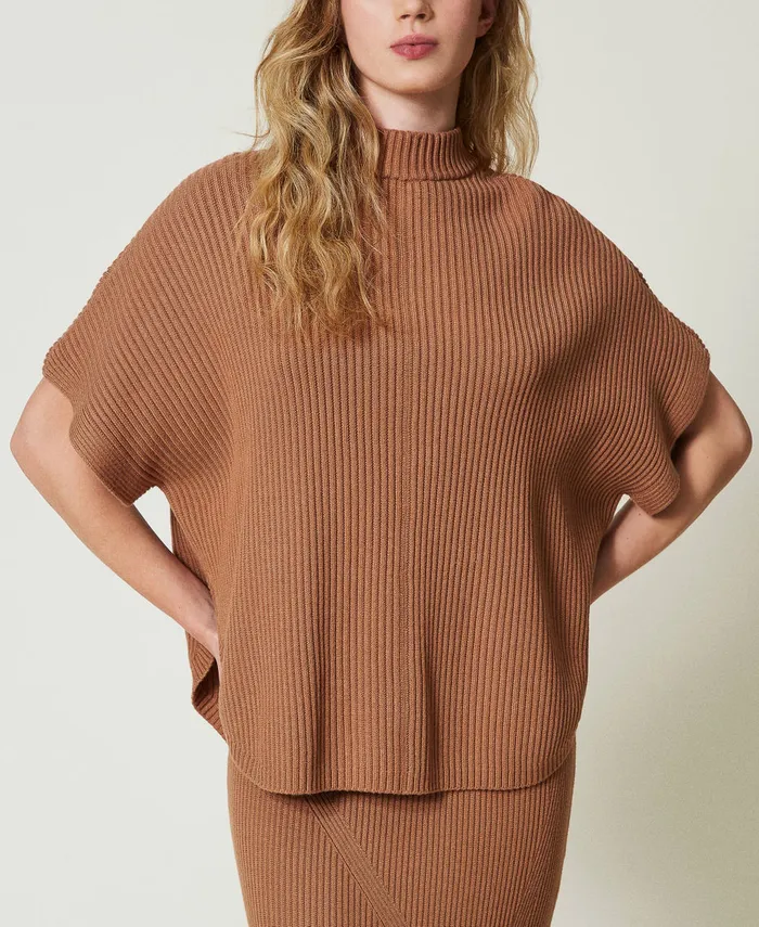 Twinset Ribbed Poncho Jumper Caramel Camel Women Jackets And Outerwear Twinset Ribbed Poncho Jumper Caramel Camel Women Jackets And Outerwear