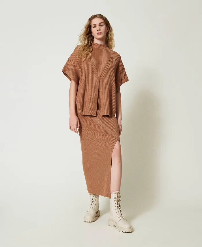 Twinset Ribbed Poncho Jumper Caramel Camel Women Jackets And Outerwear Twinset Ribbed Poncho Jumper Caramel Camel Women Jackets And Outerwear