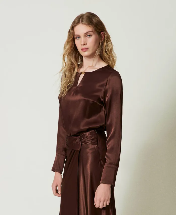 Twinset Satin Blouse With Oval T Chocolate Women Blouses And Shirts