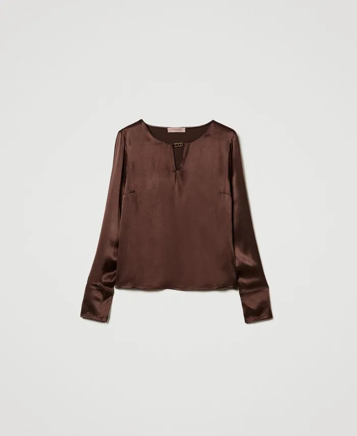 Twinset Satin Blouse With Oval T Chocolate Women Blouses And Shirts Twinset Satin Blouse With Oval T Chocolate Women Blouses And Shirts