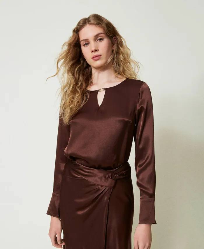 Twinset Satin Blouse With Oval T Chocolate Women Blouses And Shirts Twinset Satin Blouse With Oval T Chocolate Women Blouses And Shirts