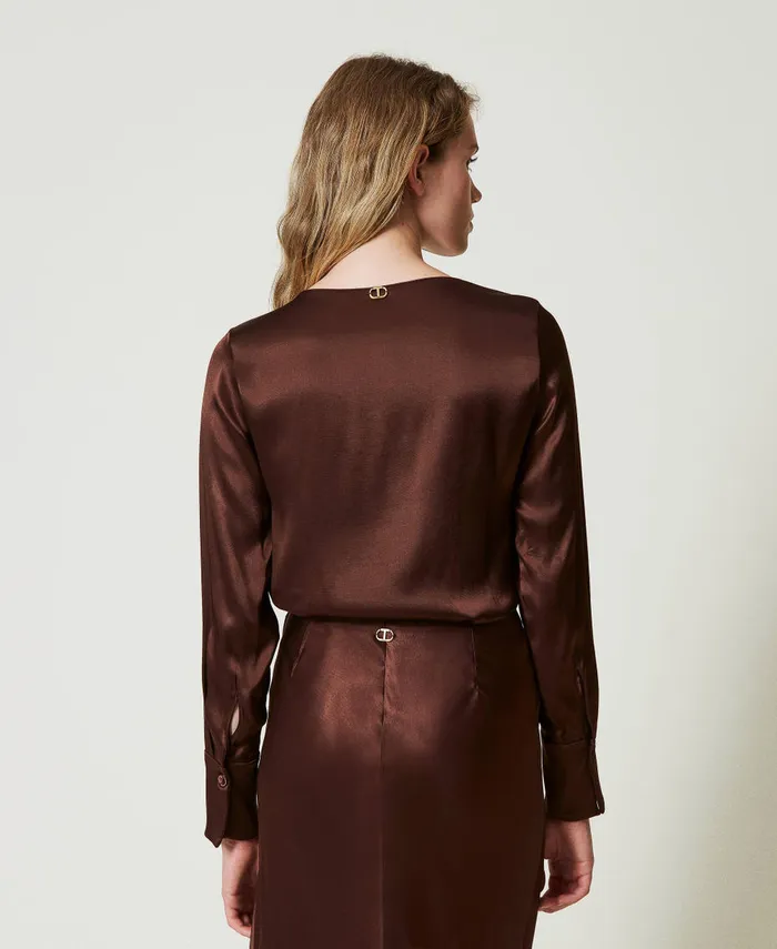 Twinset Satin Blouse With Oval T Chocolate Women Blouses And Shirts Twinset Satin Blouse With Oval T Chocolate Women Blouses And Shirts