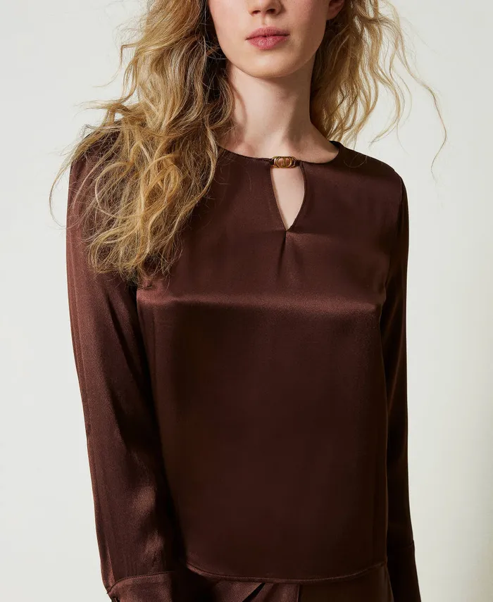 Twinset Satin Blouse With Oval T Chocolate Women Blouses And Shirts Twinset Satin Blouse With Oval T Chocolate Women Blouses And Shirts