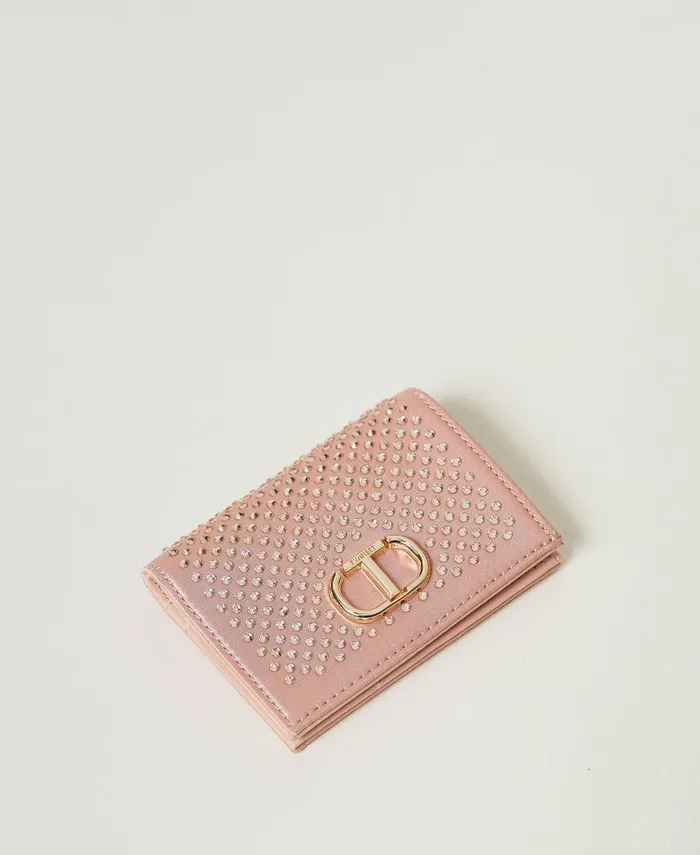 Twinset Satin Wallet With Rhinestones And Oval T Peachy Keen Pink Women Wallets And Keyrings