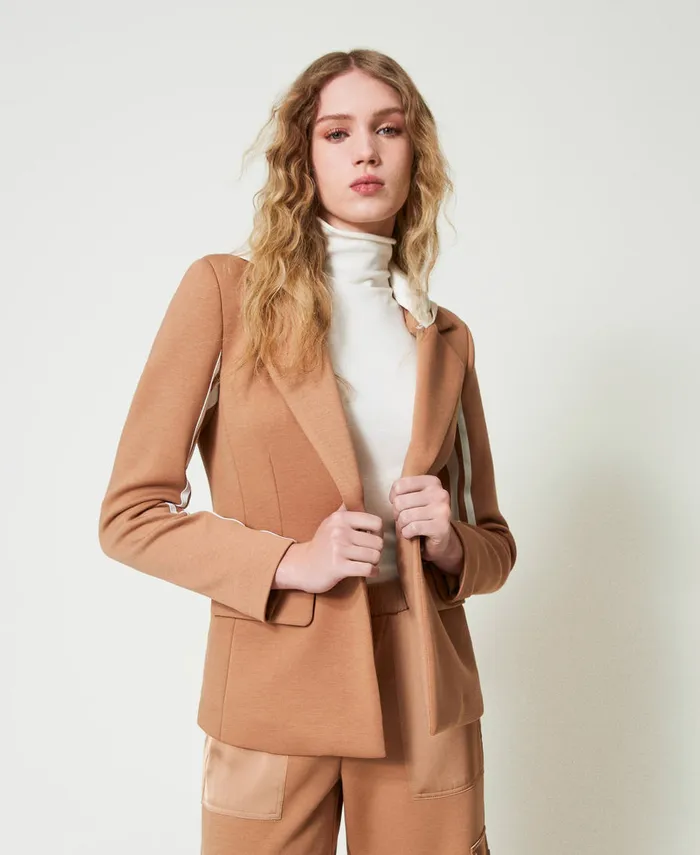Twinset Scuba Fabric Blazer With Hood Twotone Caramel Camel Motherofpearl Women Jackets And Outerwear