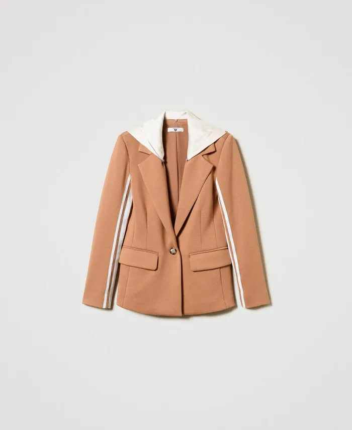 Twinset Scuba Fabric Blazer With Hood Twotone Caramel Camel Motherofpearl Women Jackets And Outerwear Twinset Scuba Fabric Blazer With Hood Twotone Caramel Camel Motherofpearl Women Jackets And Outerwear
