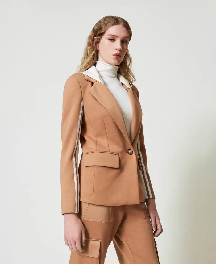 Twinset Scuba Fabric Blazer With Hood Twotone Caramel Camel Motherofpearl Women Jackets And Outerwear Twinset Scuba Fabric Blazer With Hood Twotone Caramel Camel Motherofpearl Women Jackets And Outerwear