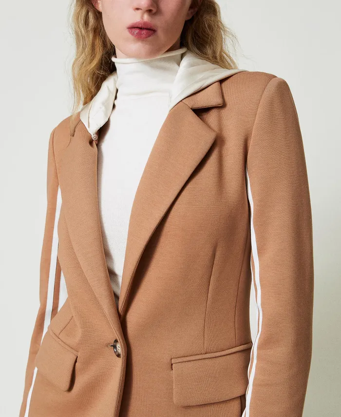Twinset Scuba Fabric Blazer With Hood Twotone Caramel Camel Motherofpearl Women Jackets And Outerwear Twinset Scuba Fabric Blazer With Hood Twotone Caramel Camel Motherofpearl Women Jackets And Outerwear