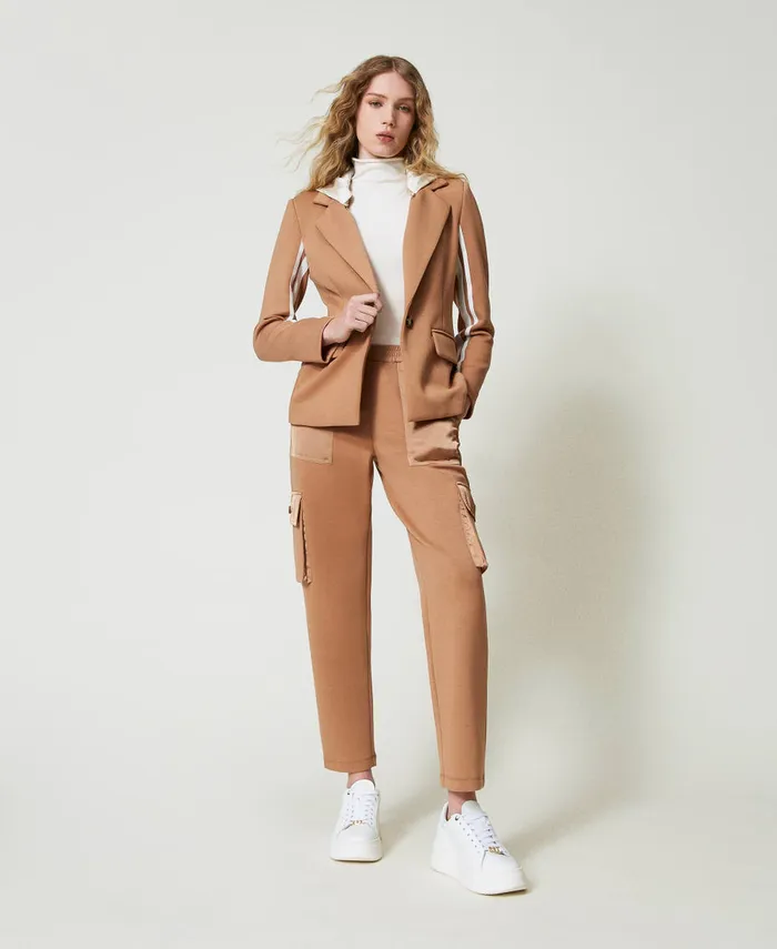 Twinset Scuba Fabric Blazer With Hood Twotone Caramel Camel Motherofpearl Women Jackets And Outerwear Twinset Scuba Fabric Blazer With Hood Twotone Caramel Camel Motherofpearl Women Jackets And Outerwear