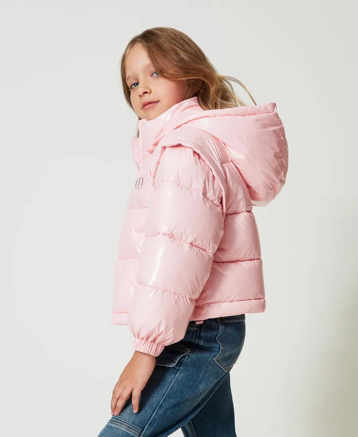 Twinset Shiny Puffer Jacket With Embroidered Logo Pink Orchid Girl Jackets And Outerwear