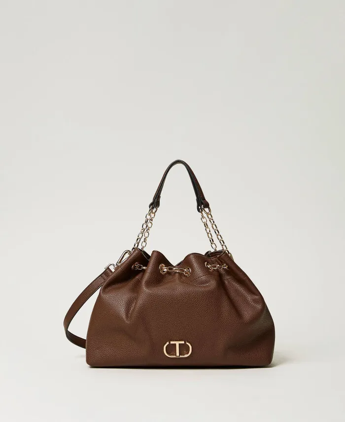 Twinset Shopper Bag With Oval T And Drawstring Handles Coffee Chocolate Women Shopping Bags