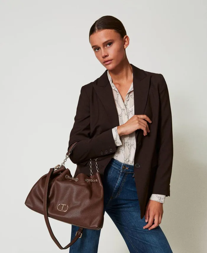 Twinset Shopper Bag With Oval T And Drawstring Handles Coffee Chocolate Women Shopping Bags Twinset Shopper Bag With Oval T And Drawstring Handles Coffee Chocolate Women Shopping Bags