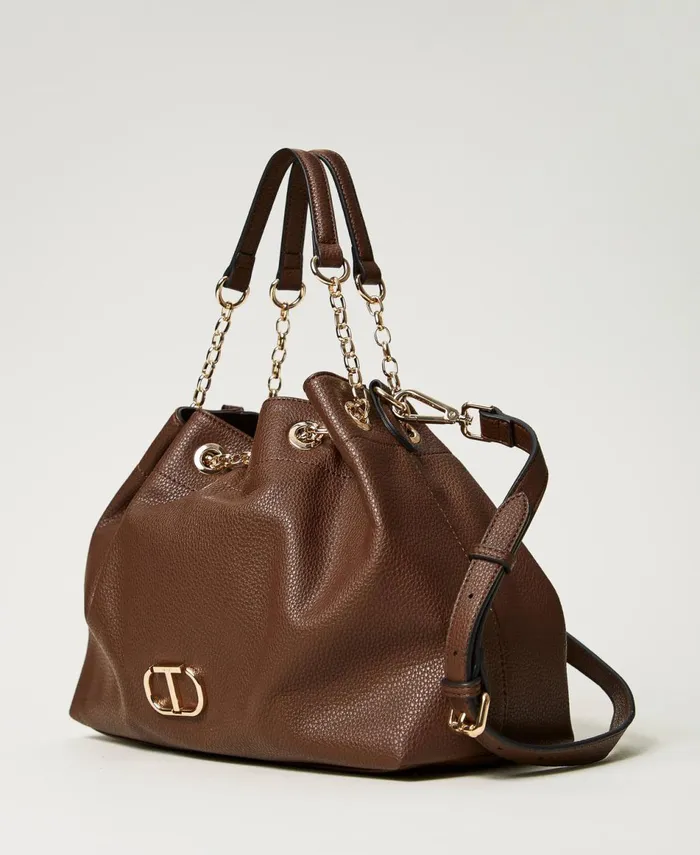 Twinset Shopper Bag With Oval T And Drawstring Handles Coffee Chocolate Women Shopping Bags Twinset Shopper Bag With Oval T And Drawstring Handles Coffee Chocolate Women Shopping Bags