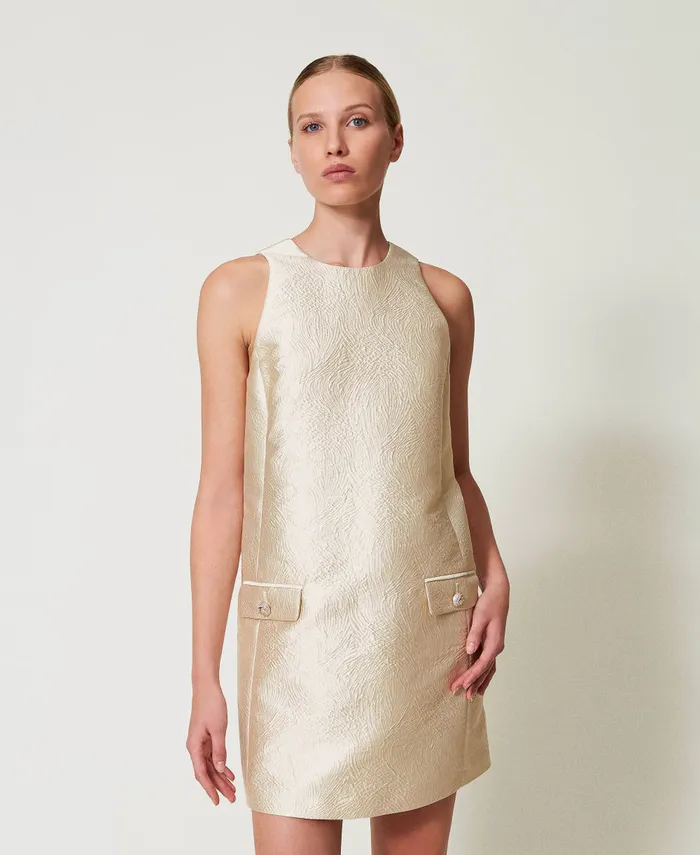 Twinset Short Brocade Jacquard Halter Dress Light Gold Brocade Jacquard Women Dresses