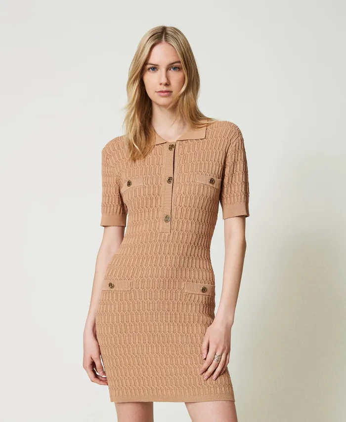 Twinset Short Fitted Knit Dress With Buttons Sandy Brown Women Dresses