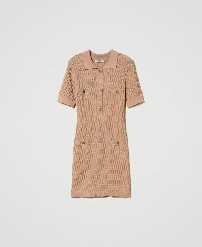 Twinset Short Fitted Knit Dress With Buttons Sandy Brown Women Dresses Twinset Short Fitted Knit Dress With Buttons Sandy Brown Women Dresses