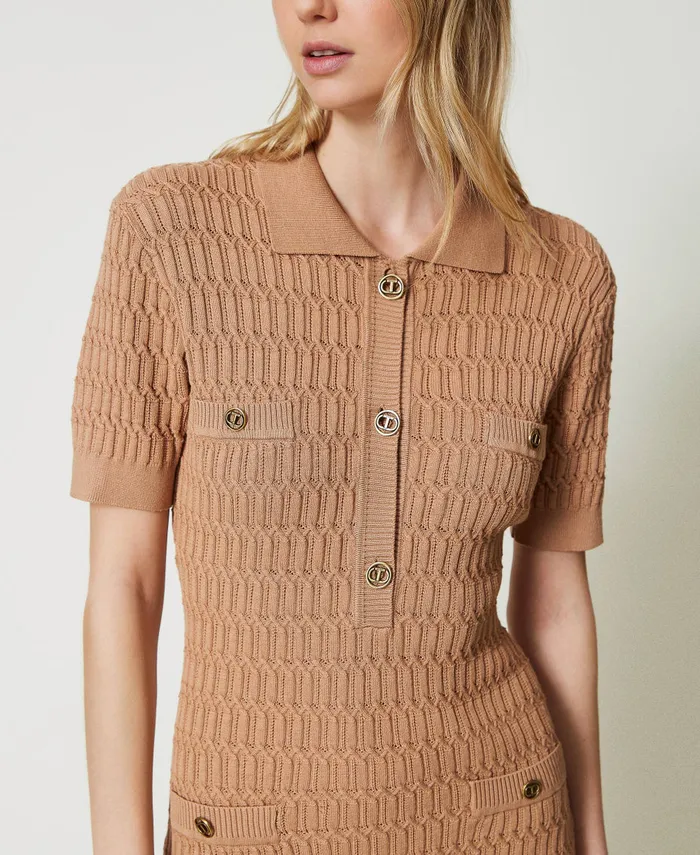 Twinset Short Fitted Knit Dress With Buttons Sandy Brown Women Dresses Twinset Short Fitted Knit Dress With Buttons Sandy Brown Women Dresses