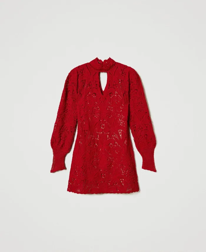 Twinset Short Floral Crochet Dress Venetian Red Women Dresses