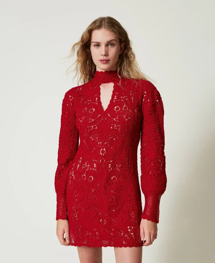 Twinset Short Floral Crochet Dress Venetian Red Women Dresses