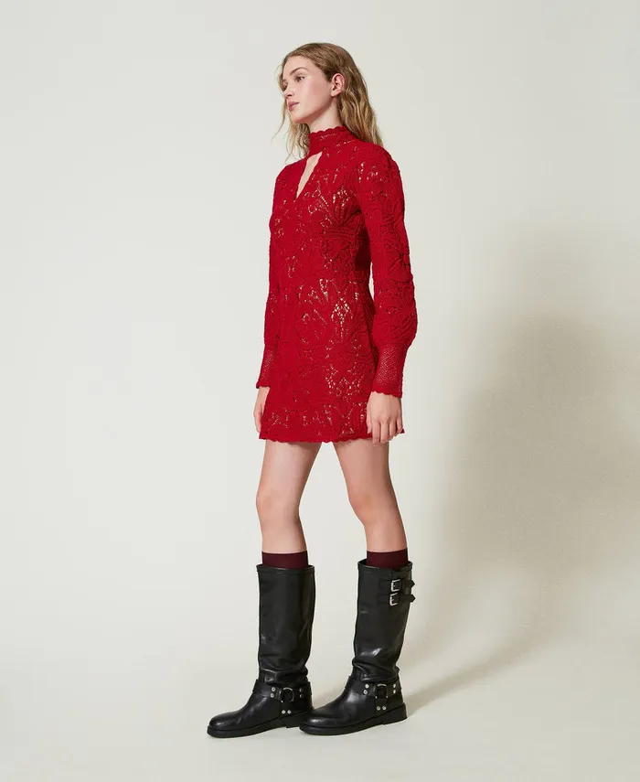 Twinset Short Floral Crochet Dress Venetian Red Women Dresses