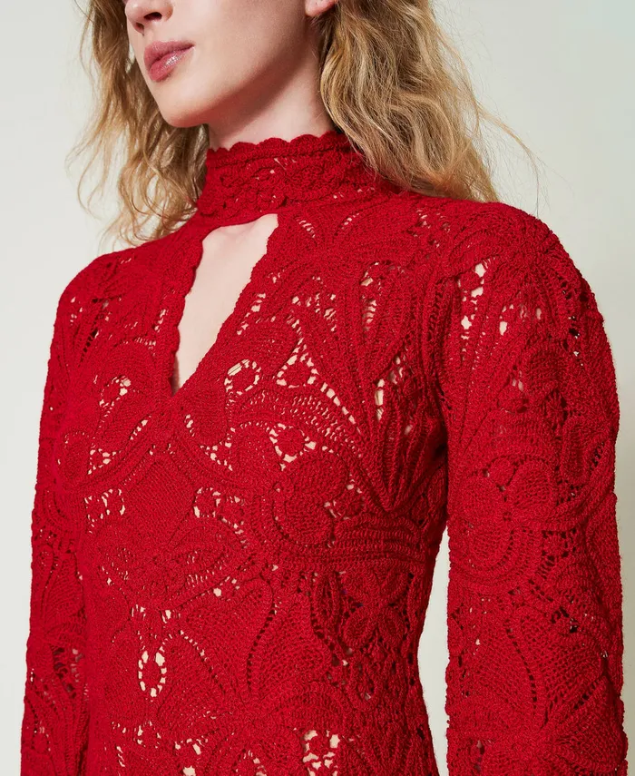 Twinset Short Floral Crochet Dress Venetian Red Women Dresses