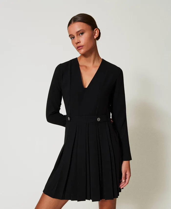 Twinset Short Pleated Crpe Dress With Buttons Black Women Dresses