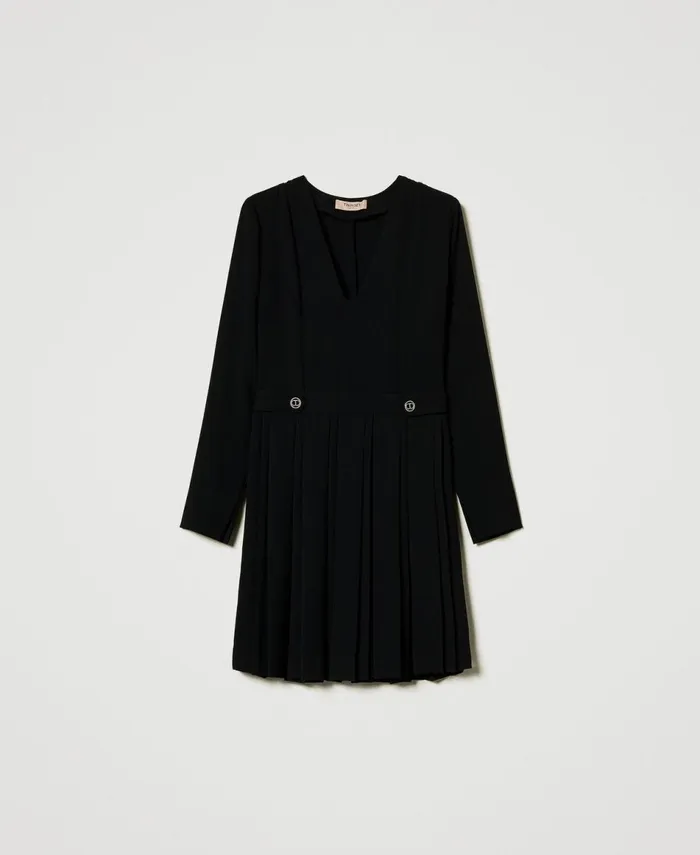 Twinset Short Pleated Crpe Dress With Buttons Black Women Dresses Twinset Short Pleated Crpe Dress With Buttons Black Women Dresses