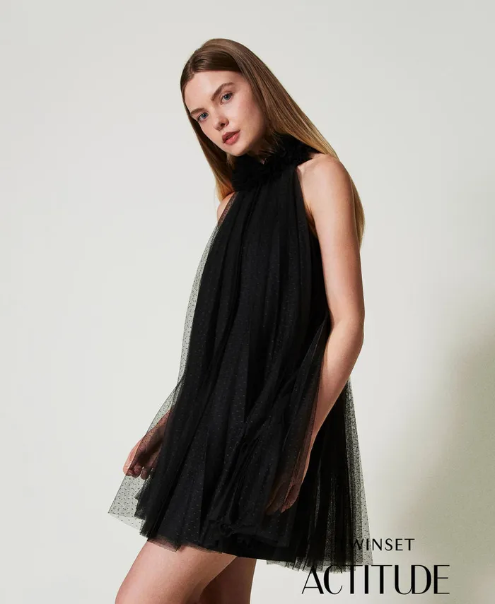 Twinset Short Pleated Tulle Dress Black Women Dresses