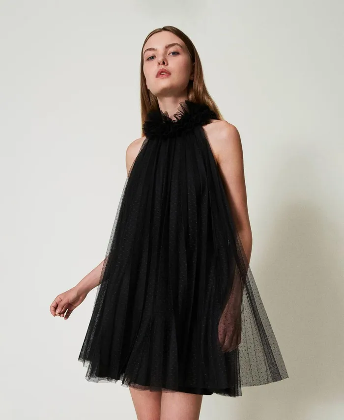Twinset Short Pleated Tulle Dress Black Women Dresses