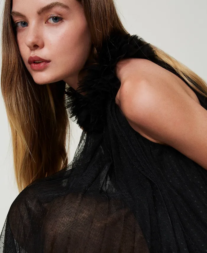 Twinset Short Pleated Tulle Dress Black Women Dresses