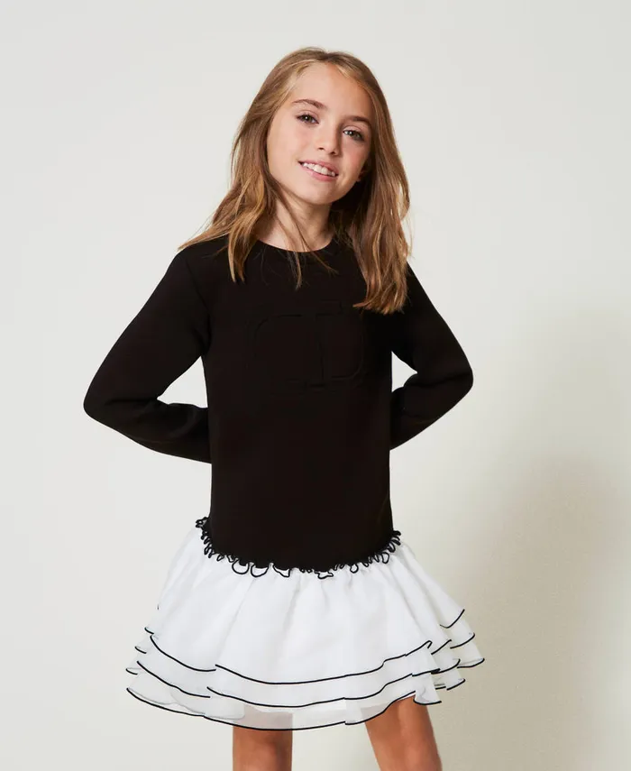 Twinset Short Scuba Fabric And Organza Dress Bicolour Black Off White Girl Dresses