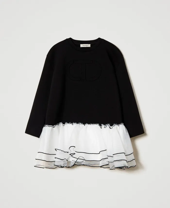 Twinset Short Scuba Fabric And Organza Dress Bicolour Black Off White Girl Dresses Twinset Short Scuba Fabric And Organza Dress Bicolour Black Off White Girl Dresses
