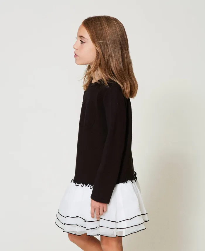 Twinset Short Scuba Fabric And Organza Dress Bicolour Black Off White Girl Dresses Twinset Short Scuba Fabric And Organza Dress Bicolour Black Off White Girl Dresses