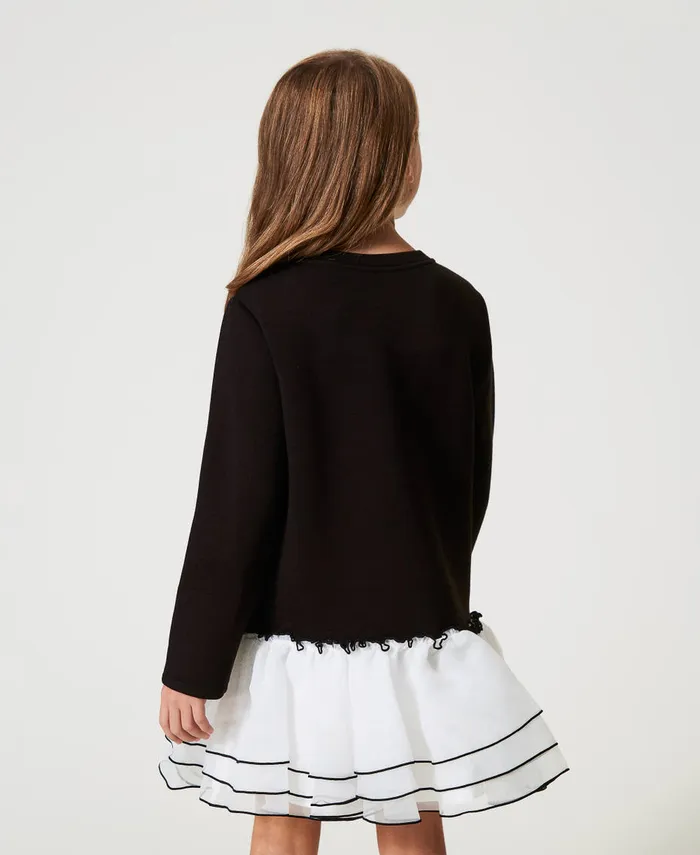 Twinset Short Scuba Fabric And Organza Dress Bicolour Black Off White Girl Dresses Twinset Short Scuba Fabric And Organza Dress Bicolour Black Off White Girl Dresses