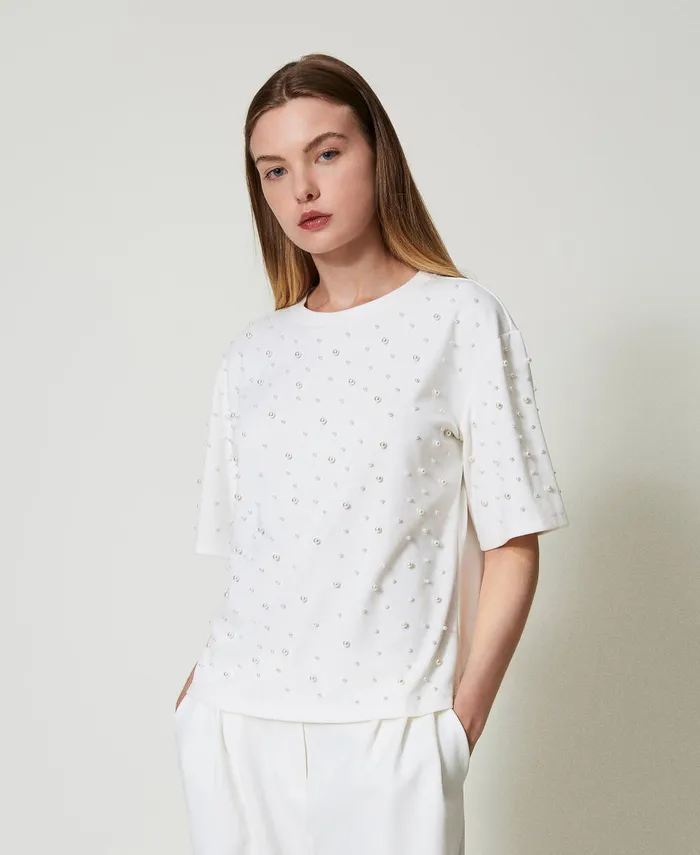 Twinset TShirt With Pearls Antique White Women TShirts And Tops