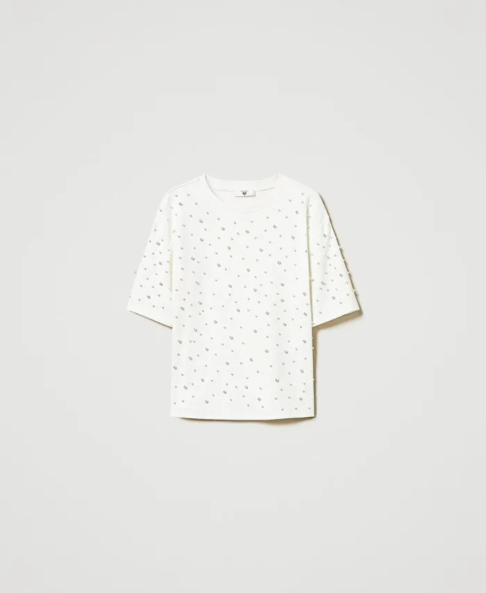 Twinset TShirt With Pearls Antique White Women TShirts And Tops Twinset TShirt With Pearls Antique White Women TShirts And Tops