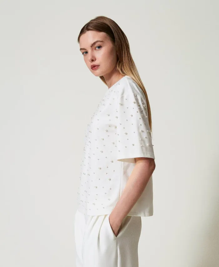 Twinset TShirt With Pearls Antique White Women TShirts And Tops Twinset TShirt With Pearls Antique White Women TShirts And Tops