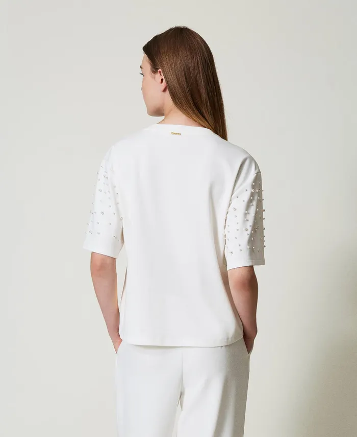 Twinset TShirt With Pearls Antique White Women TShirts And Tops Twinset TShirt With Pearls Antique White Women TShirts And Tops