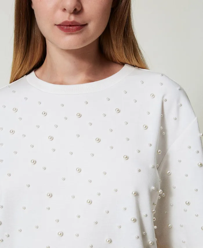 Twinset TShirt With Pearls Antique White Women TShirts And Tops Twinset TShirt With Pearls Antique White Women TShirts And Tops