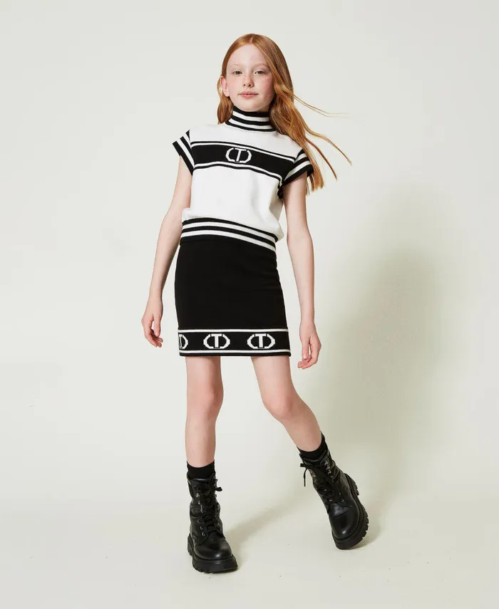 Twinset Turtleneck Jumper With Jacquard Oval T Bicolour Off White Black Girl Jumpers And Cardigans