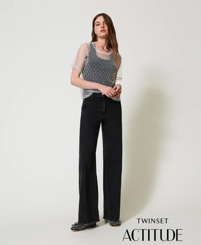 Twinset Wide Leg Jeans With Permanent Crease Black Denim Women Jeans