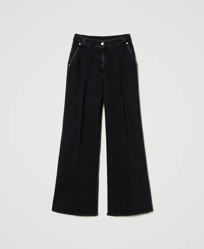 Twinset Wide Leg Jeans With Permanent Crease Black Denim Women Jeans Twinset Wide Leg Jeans With Permanent Crease Black Denim Women Jeans