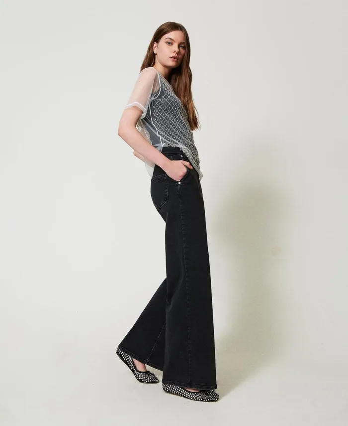 Twinset Wide Leg Jeans With Permanent Crease Black Denim Women Jeans Twinset Wide Leg Jeans With Permanent Crease Black Denim Women Jeans