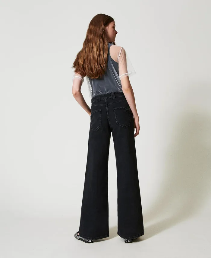 Twinset Wide Leg Jeans With Permanent Crease Black Denim Women Jeans Twinset Wide Leg Jeans With Permanent Crease Black Denim Women Jeans