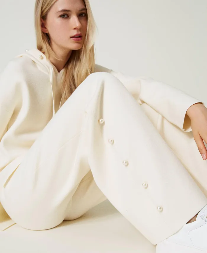Twinset Wide Leg Knit Trousers With Pearls Antique White Women Suits And Sets