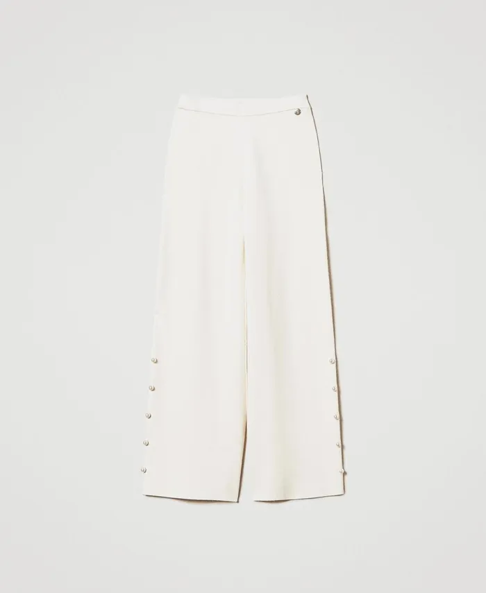 Twinset Wide Leg Knit Trousers With Pearls Antique White Women Suits And Sets Twinset Wide Leg Knit Trousers With Pearls Antique White Women Suits And Sets