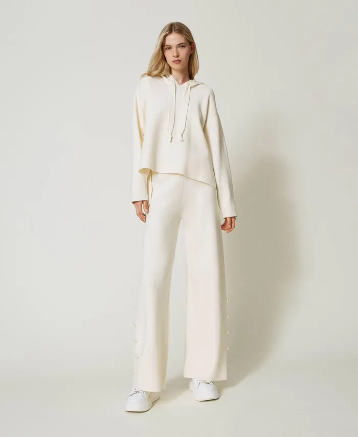 Twinset Wide Leg Knit Trousers With Pearls Antique White Women Suits And Sets Twinset Wide Leg Knit Trousers With Pearls Antique White Women Suits And Sets