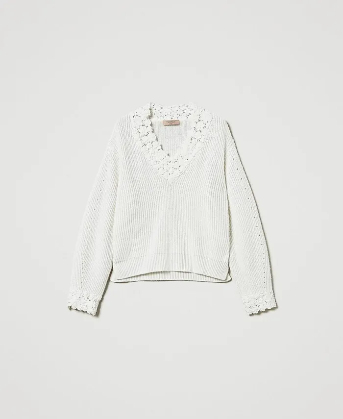 Twinset Wool Blend Jumper With Embroidery White Snow Women Jumpers And Cardigans Twinset Wool Blend Jumper With Embroidery White Snow Women Jumpers And Cardigans