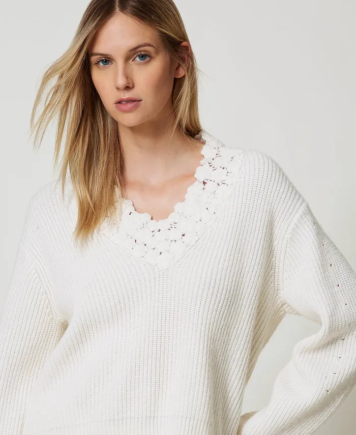 Twinset Wool Blend Jumper With Embroidery White Snow Women Jumpers And Cardigans Twinset Wool Blend Jumper With Embroidery White Snow Women Jumpers And Cardigans
