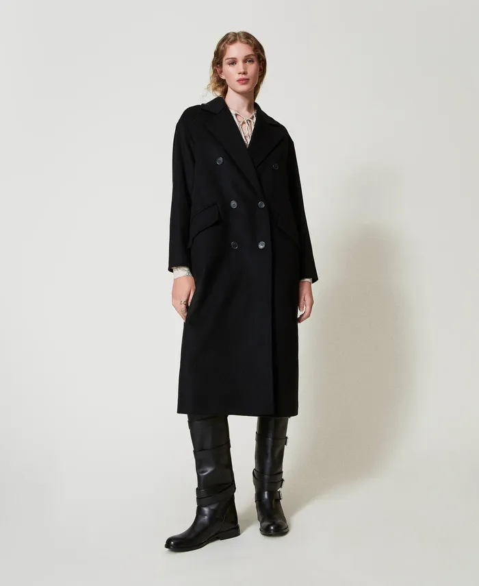 Twinset Wool Blend Loose Fit Coat Black Women Jackets And Outerwear